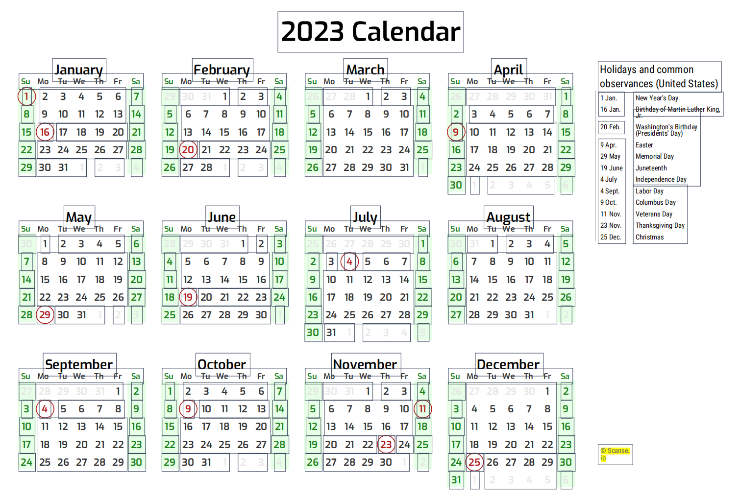2023 Printable Calendar One Page with Holidays
